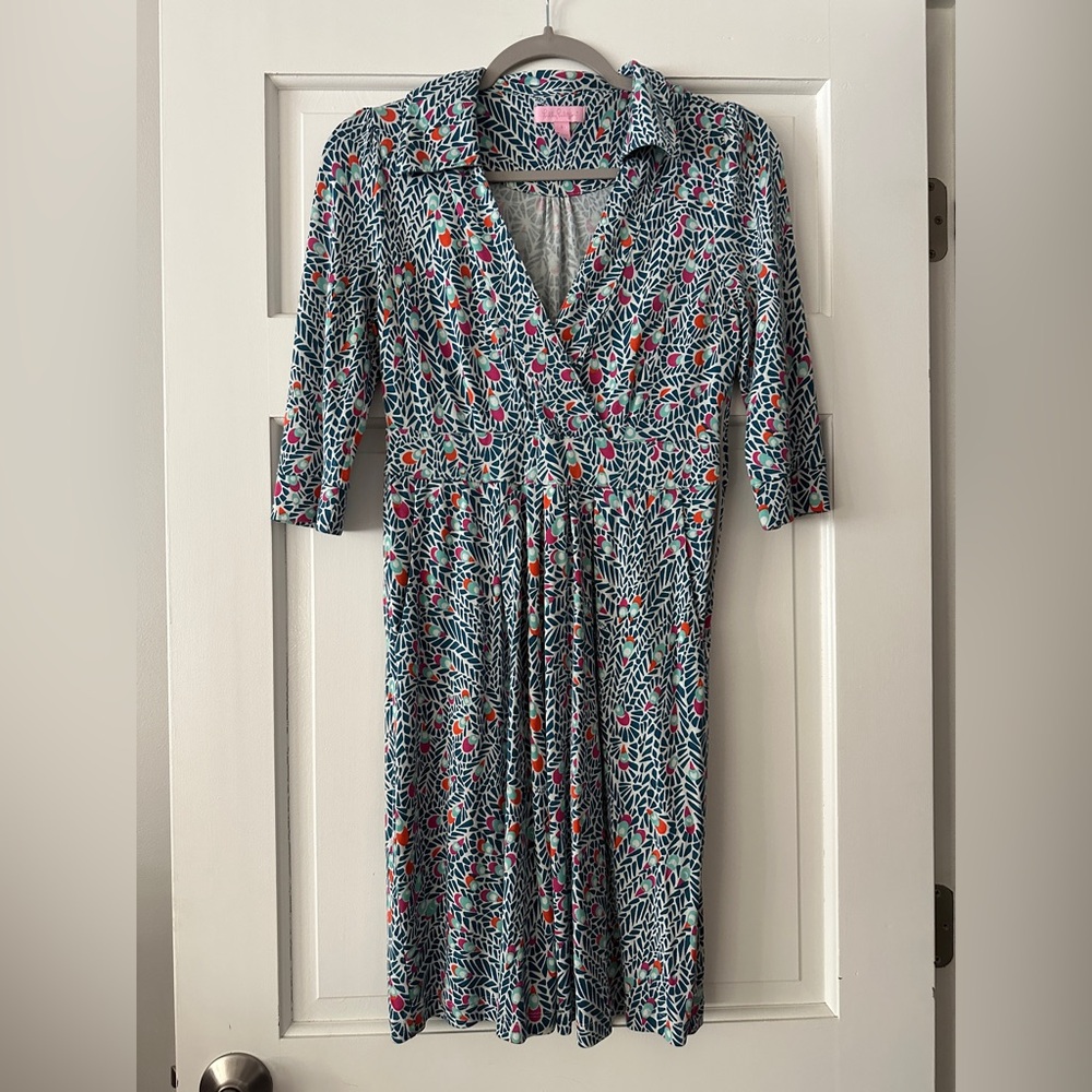 Lilly Pulitzer 100% Silk Peacock Pattern Blayney 3/4 Sleeve V-Neck Mini Dress